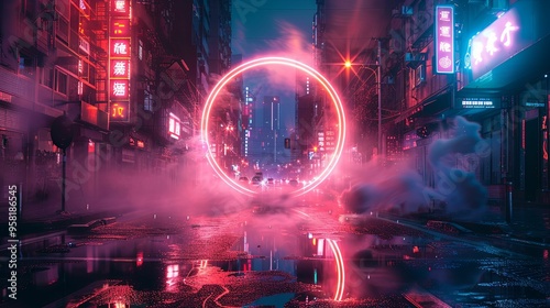 Neon-Lit City Street with a Glowing Circular Portal