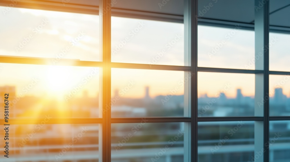 A modern office window showcasing a stunning sunrise over the city skyline, illuminating the workspace with warm light. A modern office window showcasing a stunning sunrise over the city skyline, illuminating the workspace with warm light.