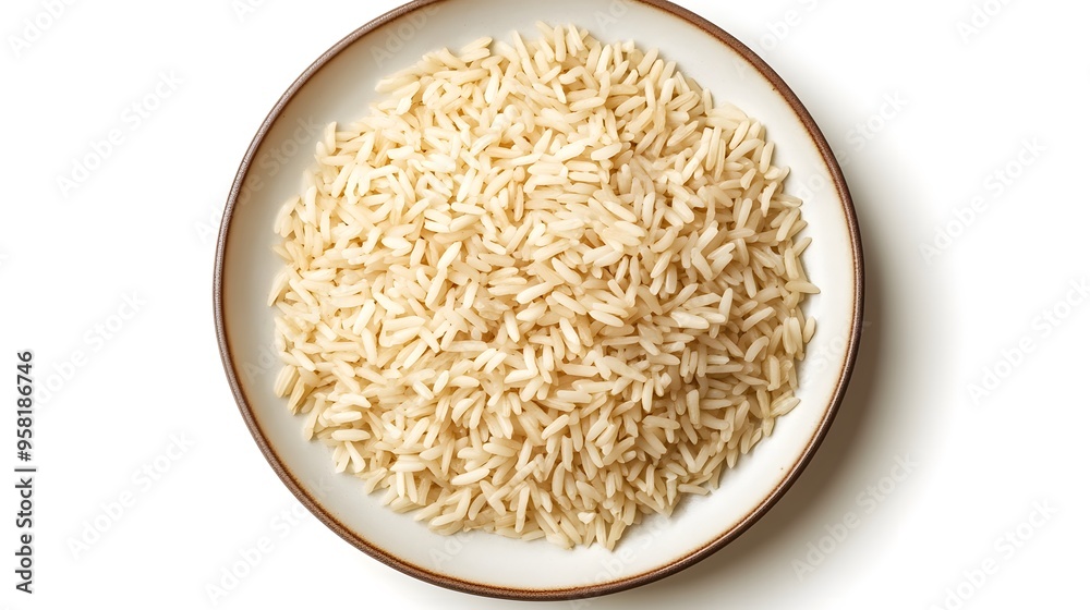 Top view of a bowl filled with uncooked basmati rice on white background Top view of a bowl filled with uncooked basmati rice on white background