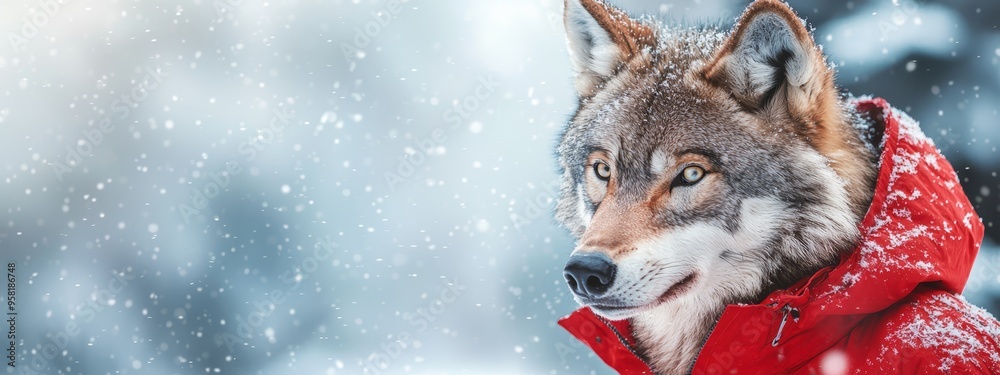 A tight shot of a wolf donned in red jacket, snowflakes dotting the ground beneath, trees in backdrop A tight shot of a wolf donned in red jacket, snowflakes dotting the ground beneath, trees in backdrop