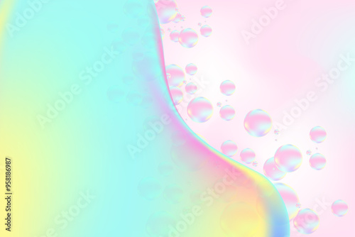 Abstract holographic liquid texture background with copy space. Fluid glowing bubbles beauty wallpaper, smooth gradient backdrop. Beauty presentation, promotion banner, poster