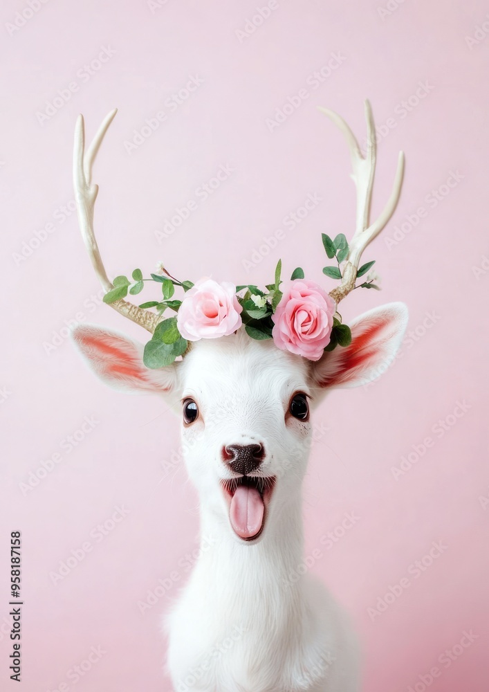 Naklejka premium White deer with antlers and pink flowers on head