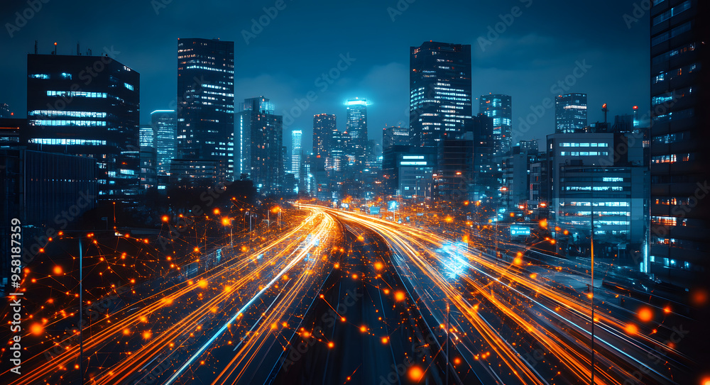 “Digital Cityscape with Glowing Data Connections and Illuminated Buildings”
“Digital Cityscape with Glowing Data Connections and Illuminated Buildings”