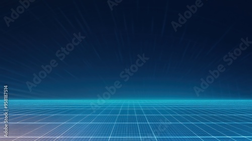 Abstract digital background with grid lines and glowing blue horizon, ideal for futuristic designs and technology themes.