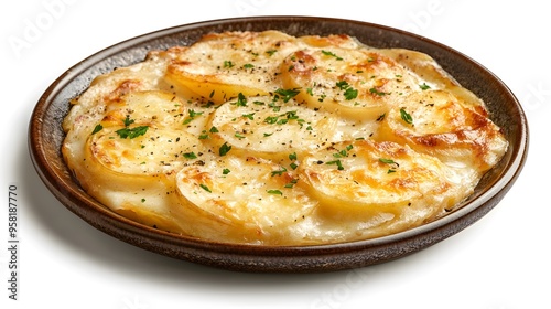 Delicious golden potato gratin with cheese and herbs on rustic brown plate