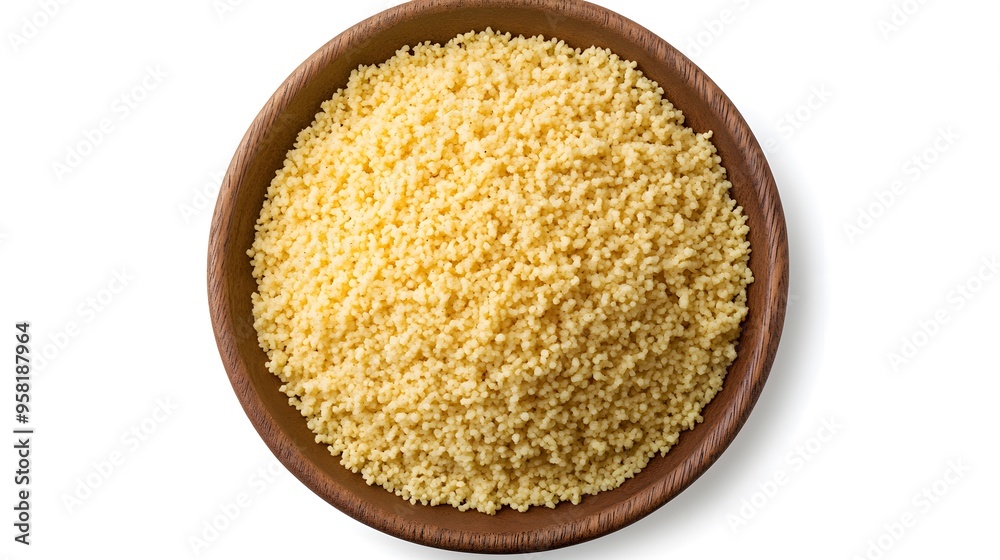 Bowl of uncooked couscous in wooden dish isolated on white background Bowl of uncooked couscous in wooden dish isolated on white background