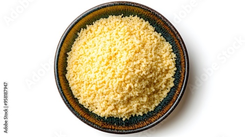 Close-up of fluffy couscous in rustic bowl photo