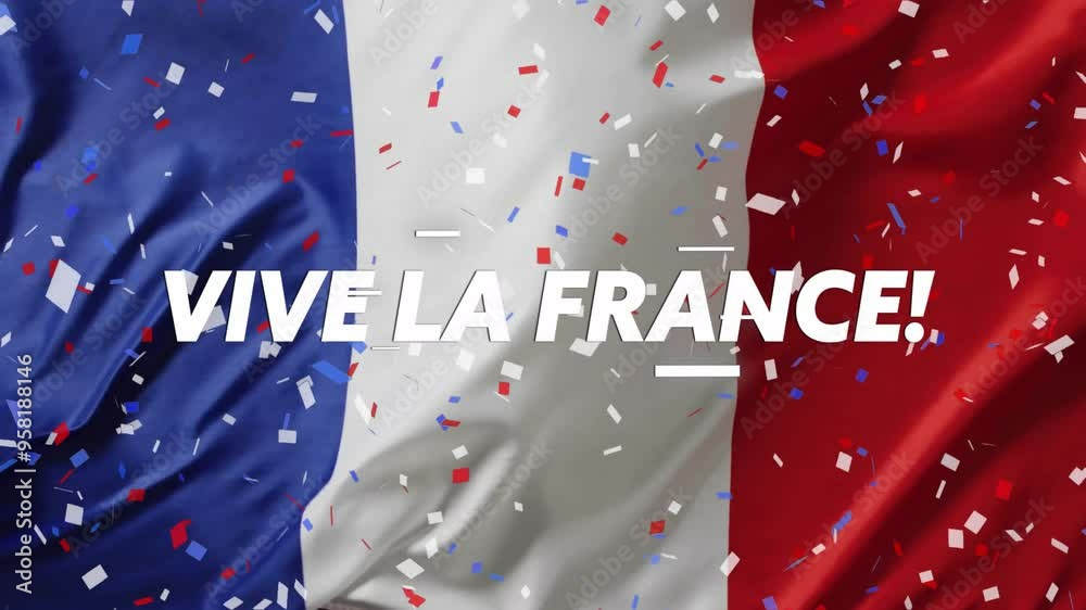 French flag with VIVE LA FRANCE! text and falling confetti animation
