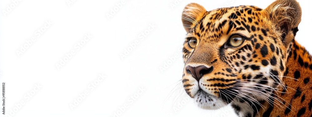Obraz premium A tight shot of a leopard's face against a white backdrop, with a hazy, out-of-focus sky behind