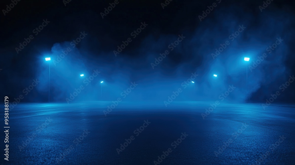 Eerie blue lights illuminate a foggy night scene, creating a mysterious atmosphere perfect for dramatic visuals. Eerie blue lights illuminate a foggy night scene, creating a mysterious atmosphere perfect for dramatic visuals.
