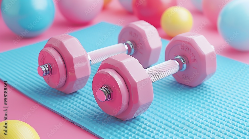 Obraz premium olourful sport dumbbells for trainings. Aesthetic summer gym.