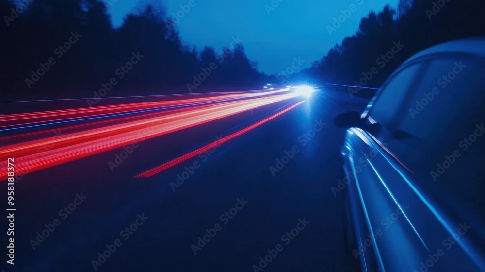 Long exposure capture of car lights on a dark highway at dusk, showcasing motion and speed in a dynamic urban environment.