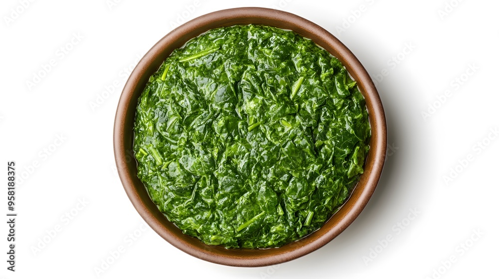 Freshly cooked spinach in a bowl on white background highlighting healthy green nutrition Freshly cooked spinach in a bowl on white background highlighting healthy green nutrition