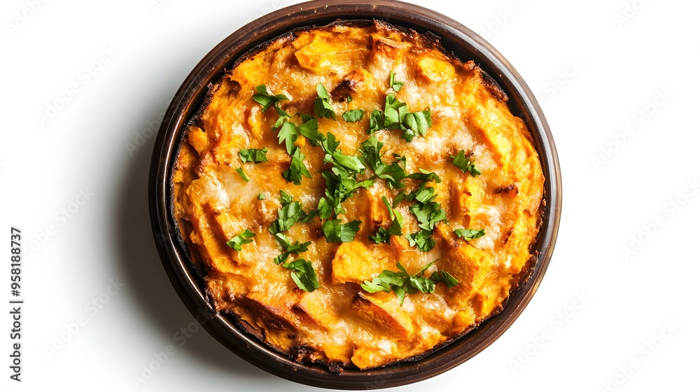 Delicious shepherd’s pie topped with fresh parsley in a rustic brown dish Delicious shepherd’s pie topped with fresh parsley in a rustic brown dish