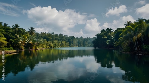 Landscape with colorful lake and trees in the jungle. Tropical plants nature concept for panorama wallpaper, selective sharpness Generative AI