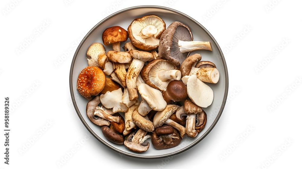 Assorted fresh mushrooms on plate - culinary variety and nutrition Assorted fresh mushrooms on plate - culinary variety and nutrition