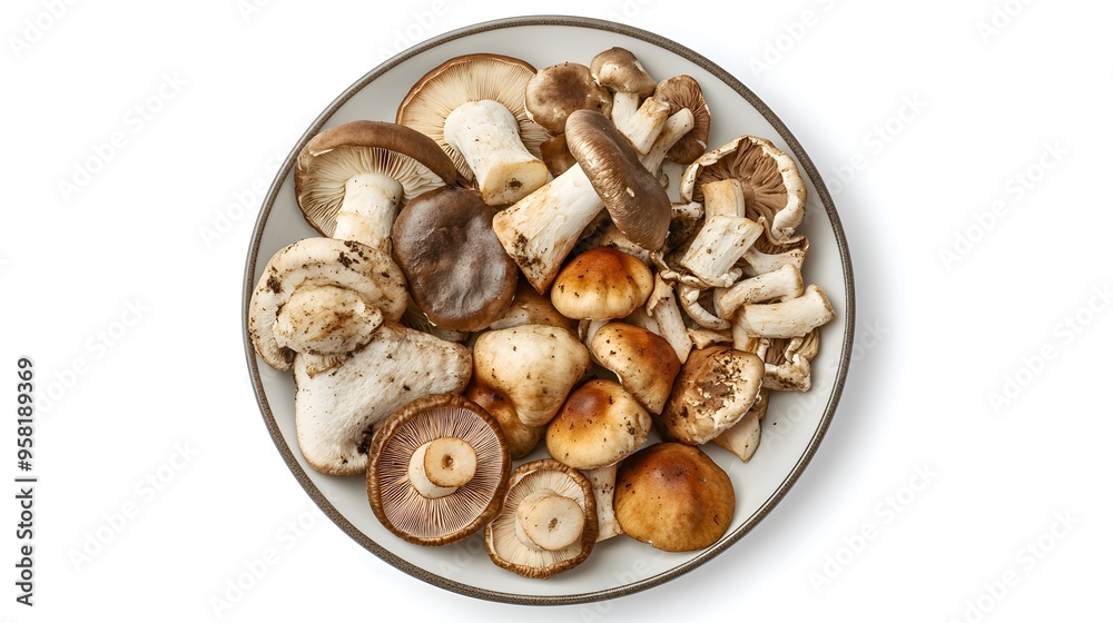 Assorted fresh mushrooms on plate: a culinary display of wild and edible varieties Assorted fresh mushrooms on plate: a culinary display of wild and edible varieties