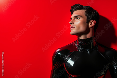 Profile View of a Young Man in Glossy Black Latex Suit Against Red Background
