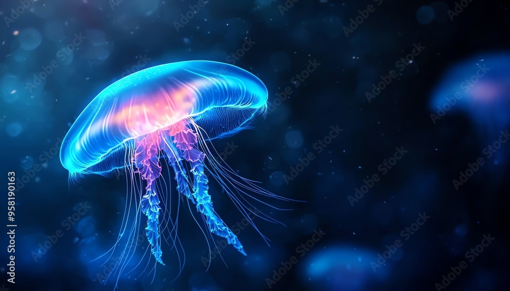 A mesmerizing jellyfish floating gracefully in deep blue water, illuminated by vibrant colors and ethereal light. A mesmerizing jellyfish floating gracefully in deep blue water, illuminated by vibrant colors and ethereal light.