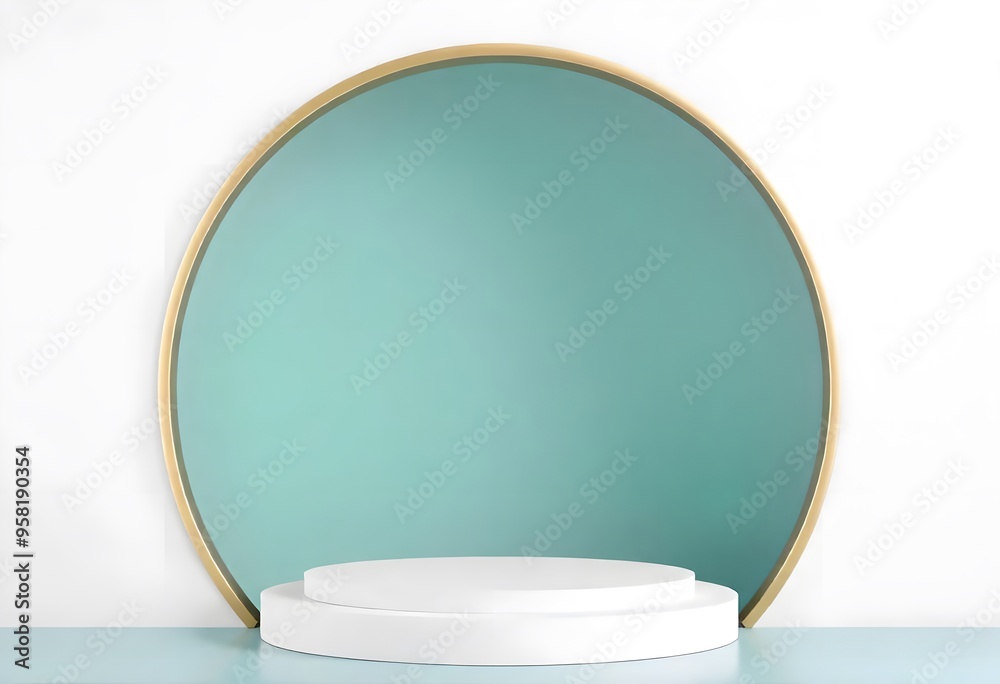 A white circular pedestal with a golden arch frame podium mockup on blue background A white circular pedestal with a golden arch frame podium mockup on blue background