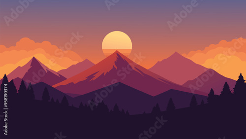  The sun sets behind a mountain range, illuminating the sky with brilliant hues, showcasing nature's breathtaking beauty flat vector illustration nature background