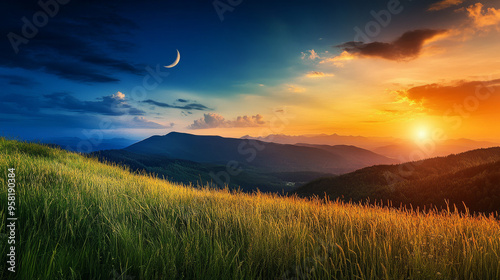 A beautiful mountain meadow with tall grass at sunrise and sunset, showing the transition from day to night with the sun and moon in the sky. photo