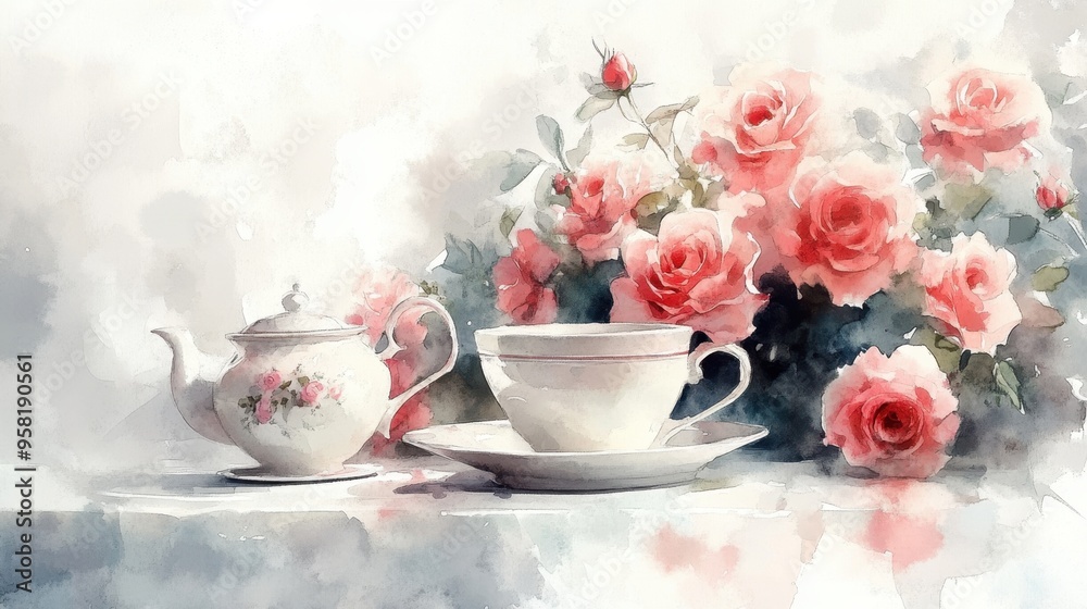Watercolor illustration of British afternoon tea,tea break in the English style,tea set with Afternoon tea stand with macaroons and scone,cake,cup of tea,Tea time dessert table,vintage style. Watercolor illustration of British afternoon tea,tea break in the English style,tea set with Afternoon tea stand with macaroons and scone,cake,cup of tea,Tea time dessert table,vintage style.