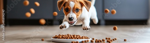 Excited puppy leaping towards a bowl of dog food, scattered kibbles in midair, indoor shot photo