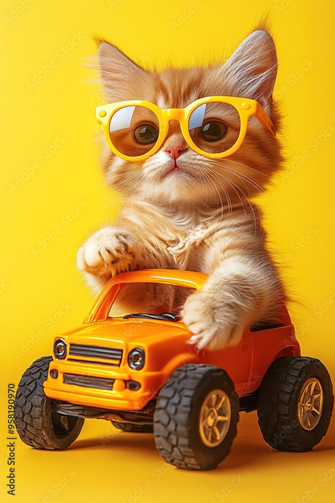 Obraz premium Kitten in yellow sunglasses, driving a toy orange car, set against a matching yellow background