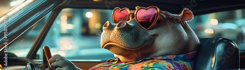 Hippo in heartshaped sunglasses and a colorful shirt, driving a stylish car with confidence photo