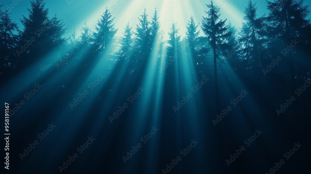 Fototapeta premium A serene forest scene with beams of light filtering through tall trees, creating an enchanting and tranquil atmosphere.