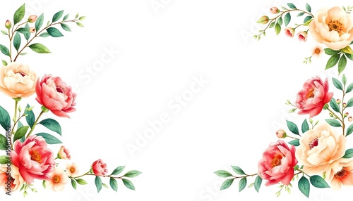 Pink roses, green leaves, and small white flowers arranged in a border frame around a blank white background