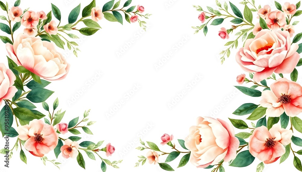 Fototapeta premium Pink roses, green leaves, and small white flowers arranged in a border frame around a blank white background