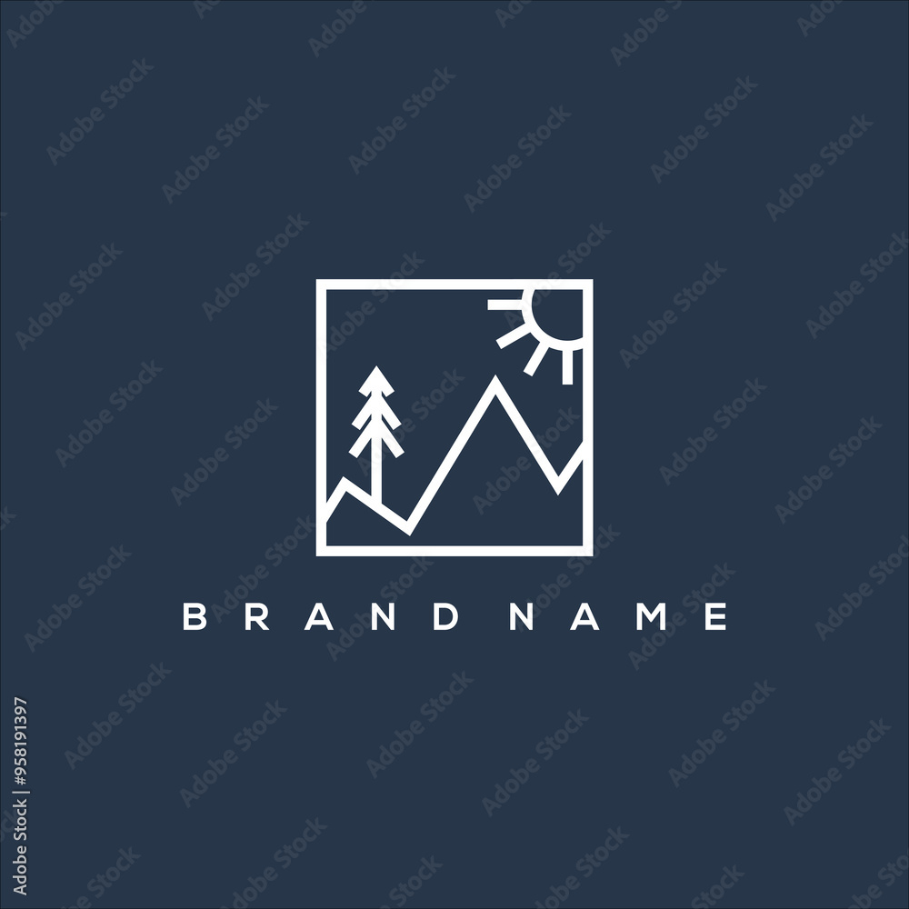 line art mountain pine tree and sun logo vector line art mountain pine tree and sun logo vector