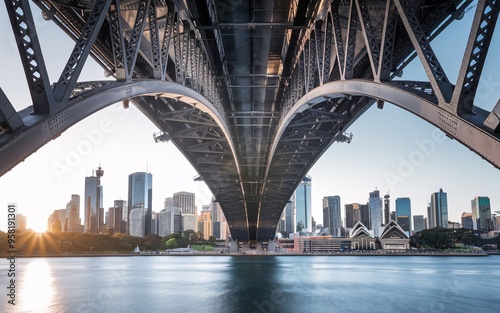 Sydney Harbour Bridge with City Skyline Sunrise Background
