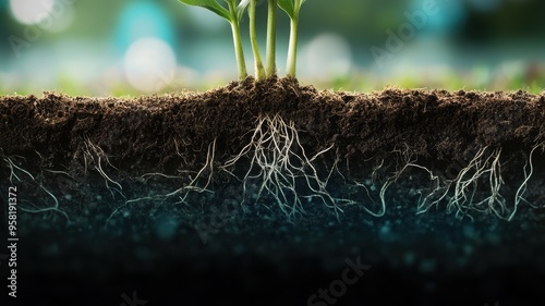 Close-up of Plant Roots and Soil Layers Showing Detailed Underground Growth and Healthy Green Seedlings Above Ground