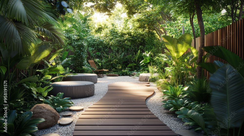 Obraz premium tropical garden, lush plants, zen garden, gravel surface, natural stones, dense foliage, vibrant greenery, realistic lighting, ultra-realistic photography