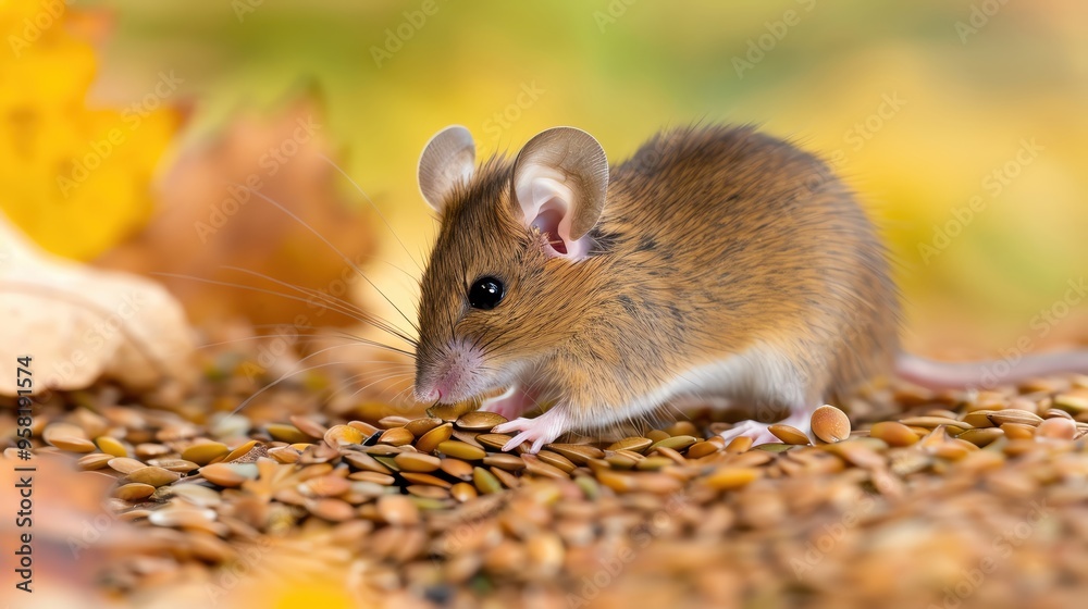 A cute mouse scurrying through seeds on a vibrant autumn backdrop, showcasing nature's small wonders in detail. A cute mouse scurrying through seeds on a vibrant autumn backdrop, showcasing nature's small wonders in detail.