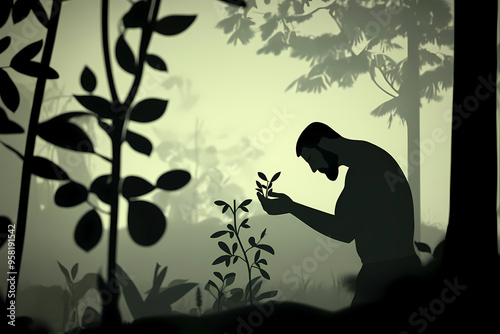 A man leans down to closely examine a small plant amidst dense foliage in a forest. The image focuses on the connection between humans and nature, emphasizing detail and curiosity. photo