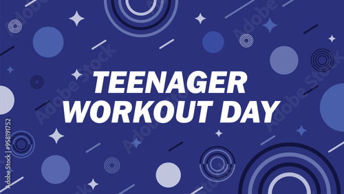 Teenager Workout Day vector banner design with geometric shapes and vibrant colors on a horizontal background.