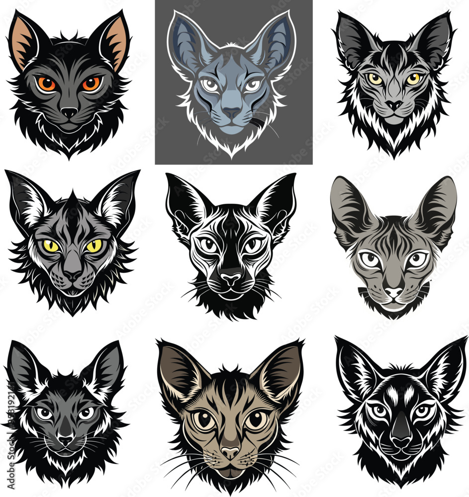 Obraz premium Lykoi Cats Head Silhouette Vector Set