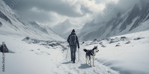 Person with dog hiking snowy mountain trail with backpack, trekk