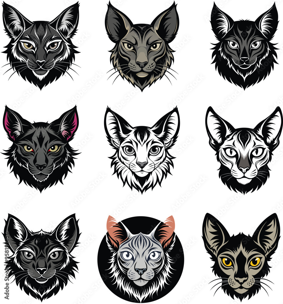 Lykoi Cats Head Silhouette Vector Set Lykoi Cats Head Silhouette Vector Set