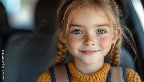 Smiling young girl with a backpack, sitting in a car, ready for school