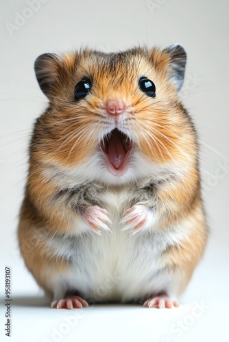 Surprised hamster, wideeyed and openmouthed, white background photo