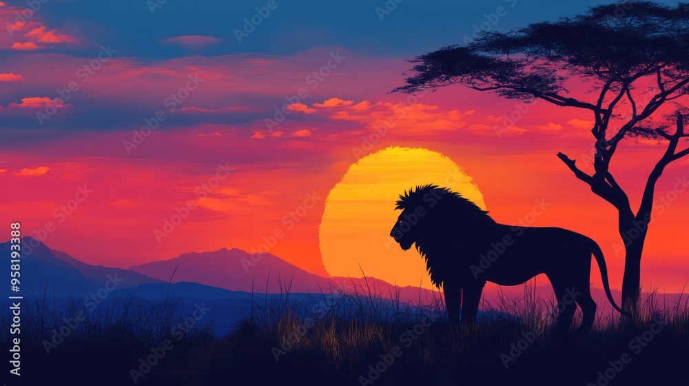 Silhouetted Lion Against a Setting Sun in the African Savanna Silhouetted Lion Against a Setting Sun in the African Savanna
