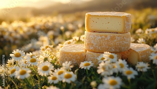 Wheels of cheese surrounded by daisies, bathed in soft sunlight photo