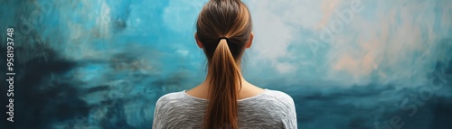 Woman with Ponytail Facing Abstract Blue Background, Contemplative Mood, Rear View