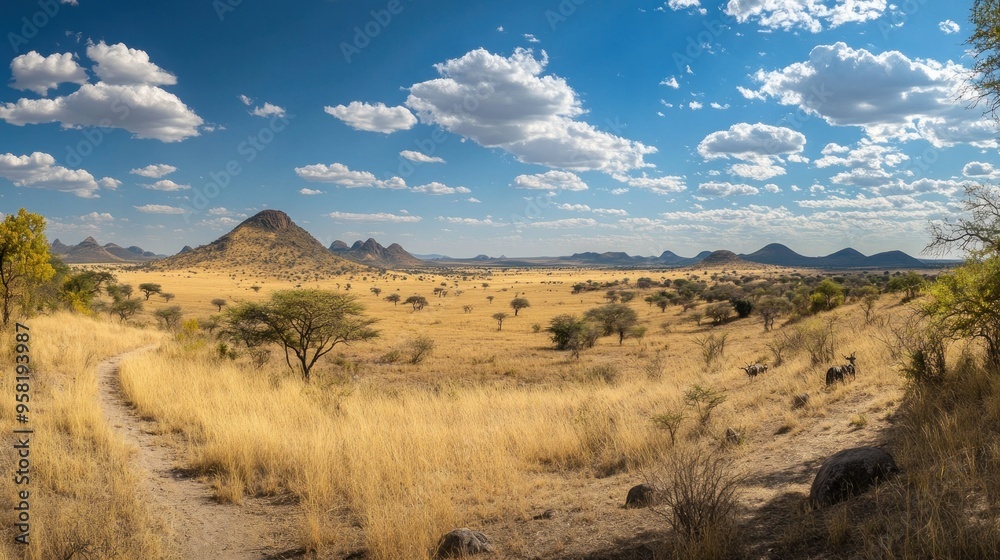 A Winding Path Through a Dry Savanna Landscape With Hills in the Distance A Winding Path Through a Dry Savanna Landscape With Hills in the Distance