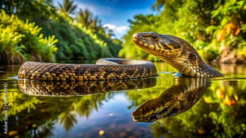 a photo image of a majestic diamondback watersnake swimming lazily through murky Amazonian waters, its scaly body glistening in the dappled sunlight.